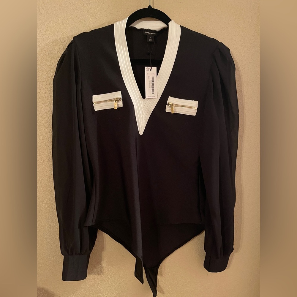 Karen Millen Chiffon Sleeve Zip Through Bandage Knit Bodysuit